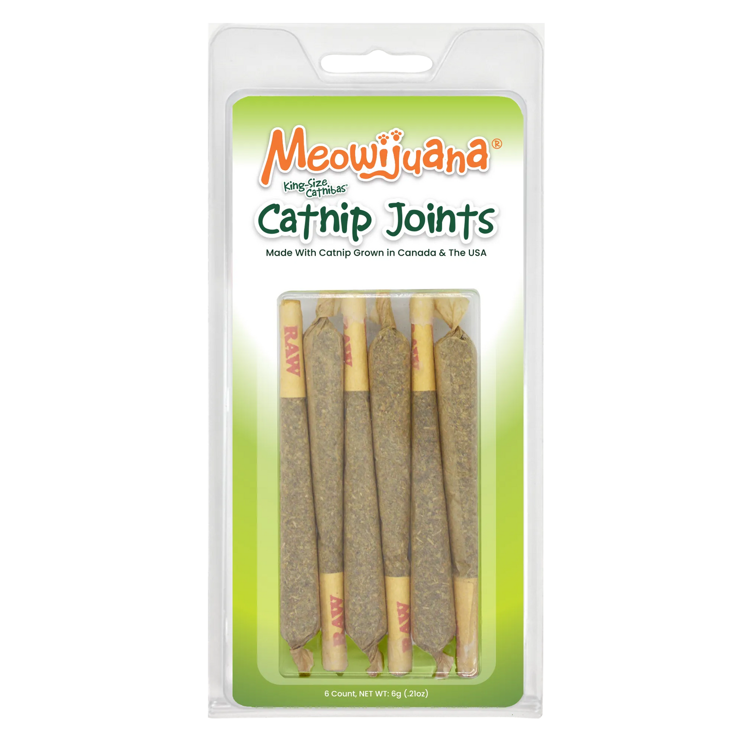 Packaged catnip joints in a green and white container.