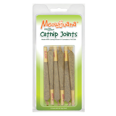 Packaged catnip joints in a green and white container.