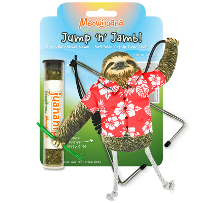 Meowijuana "Jump 'n' Jamb!" catnip toy: sloth in Hawaiian shirt on door jamb clip with Juananip catnip tube. Fun, refillable cat toy.