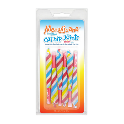 Catnip toy joints in a colorful birthday-themed package.