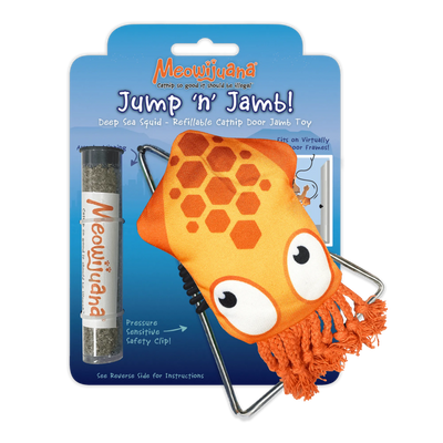 Meowijuana "Jump 'n' Jamb!" catnip toy featuring a bright orange squid with hexagon patterns, a refillable catnip tube, and door jamb clip.