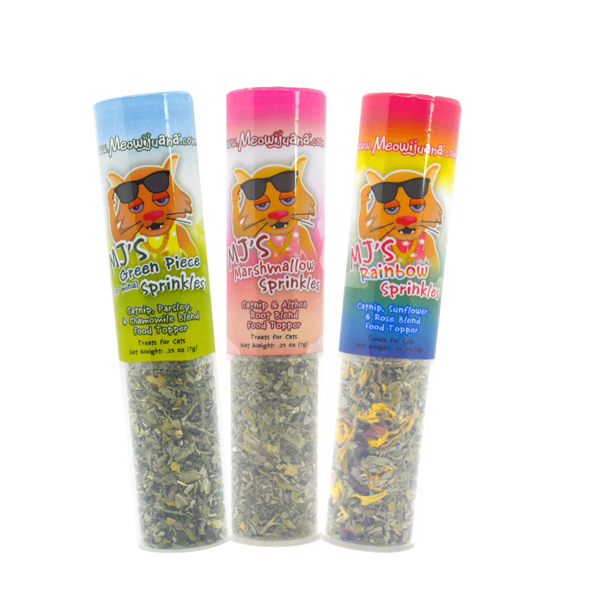 Trio of MJ’s Sprinkles: Green Piece, Marshmallow, and Rainbow, each in vibrant labeled containers.