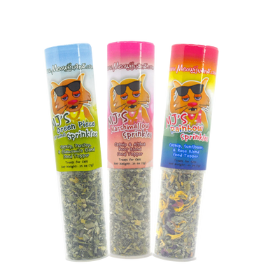 Trio of MJ’s Sprinkles: Green Piece, Marshmallow, and Rainbow, each in vibrant labeled containers.