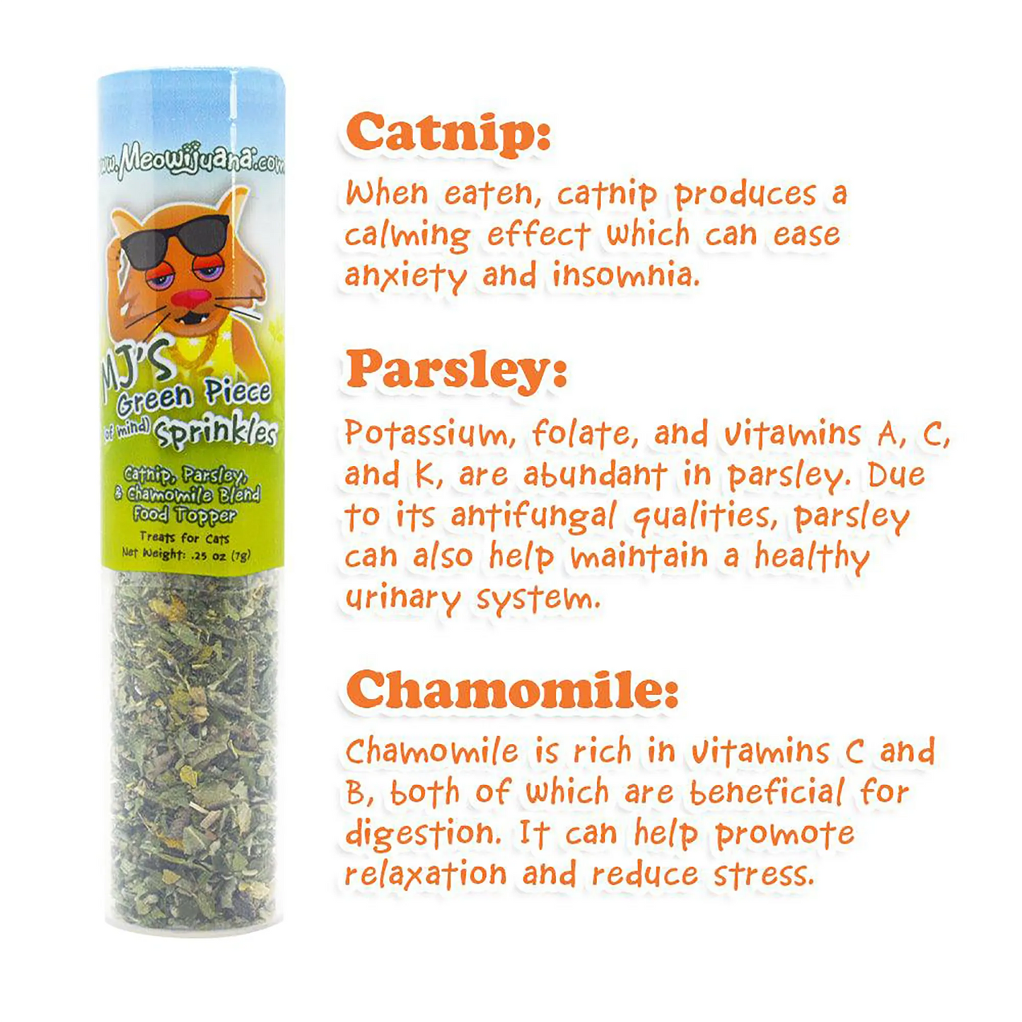 MJ's Green Piece Sprinkles with catnip, parsley, and chamomile benefits for cats explained on the side.