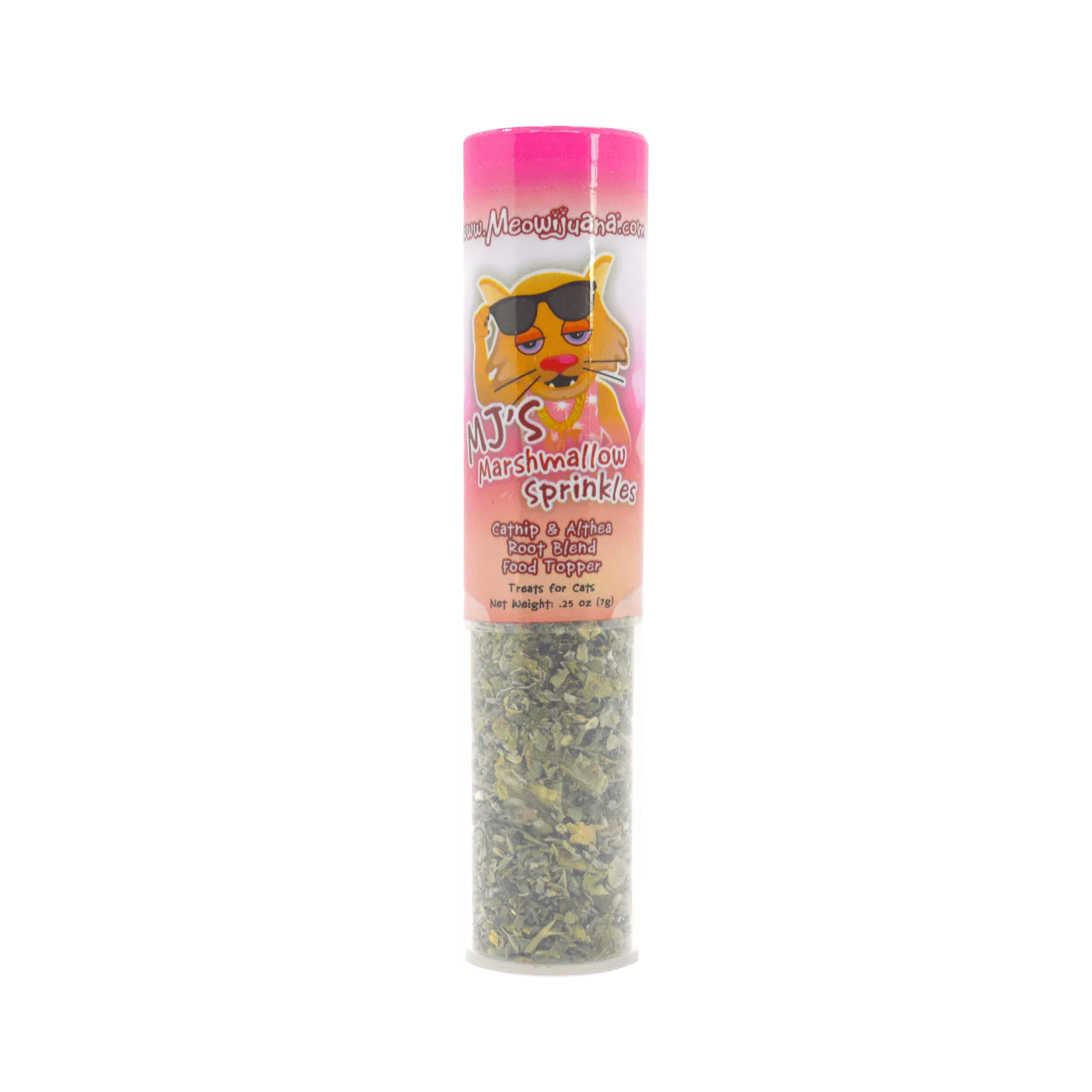 MJ's Marshmallow Sprinkles for cats with catnip and Althea root, in a pink-labeled container.