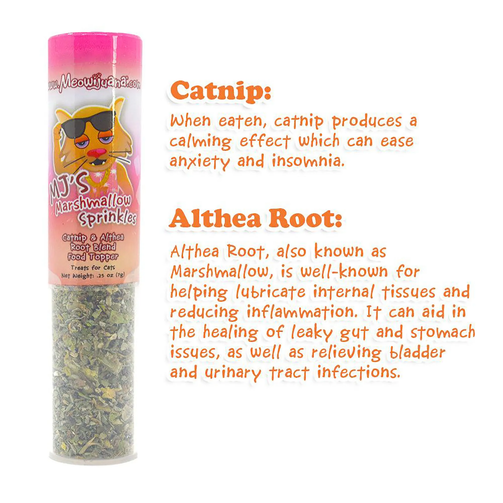 MJ's Marshmallow Sprinkles showing catnip and Althea root benefits for cats' health and relaxation.