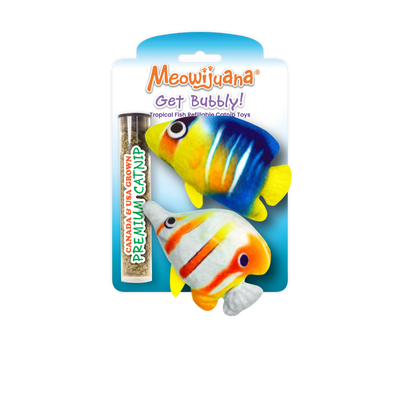 Packaging of Meowijuana Get Bubbly! featuring two colorful tropical fish plush toys with a tube of premium catnip.