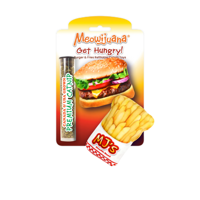 Meowijuana burger and fries refillable catnip toys with premium catnip tube.