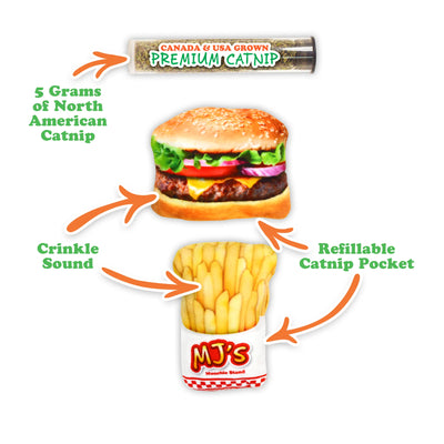 Burger and fries cat toys with crinkle sound and refillable catnip pockets, plus a premium catnip tube.