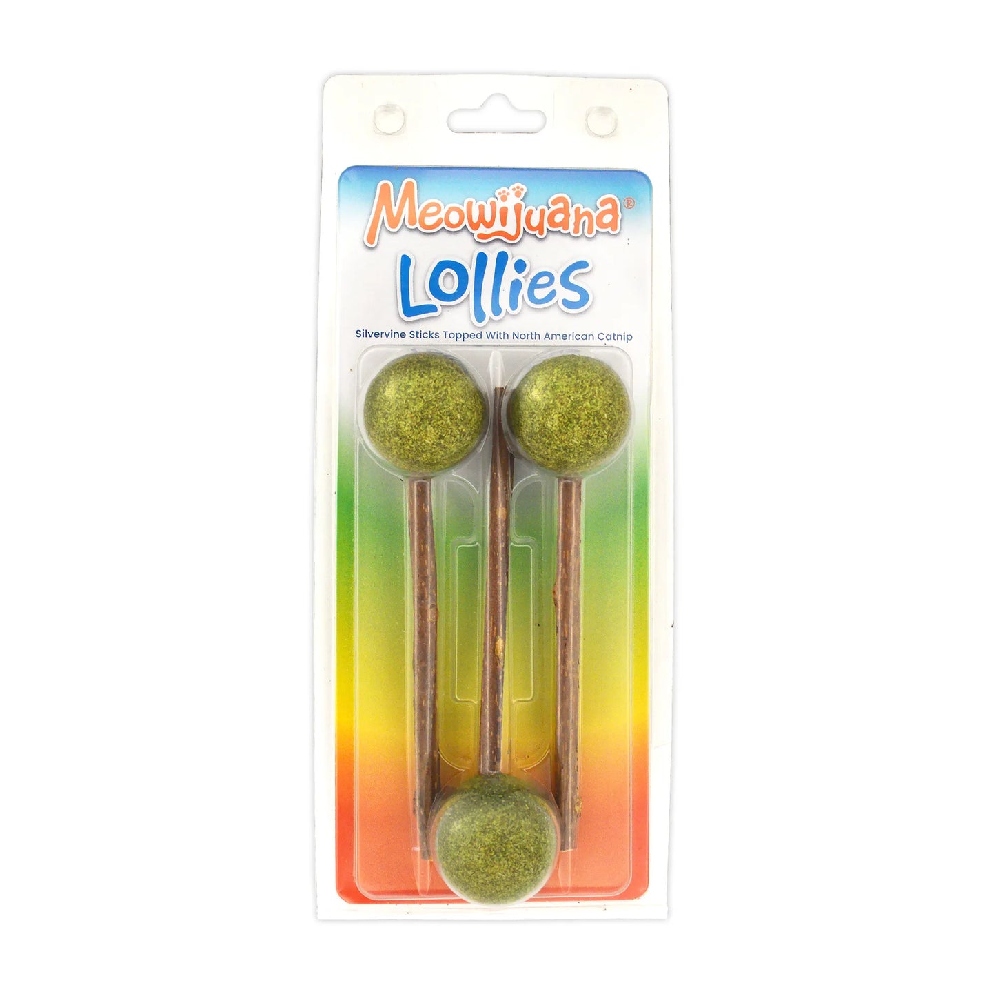 Meowijuana Lollies in packaging: silvervine sticks topped with North American catnip for cat enjoyment and engagement.