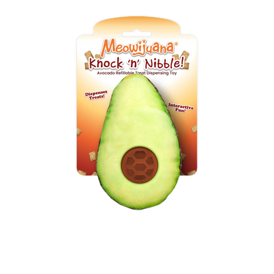 Meowijuana Knock 'n' Nibble avocado-shaped treat dispensing cat toy with interactive fun and treat storage.