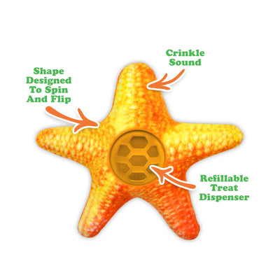 A bright orange starfish-shaped cat toy with labeled features: refillable treat dispenser, crinkle sound, and a design for spinning and flipping.