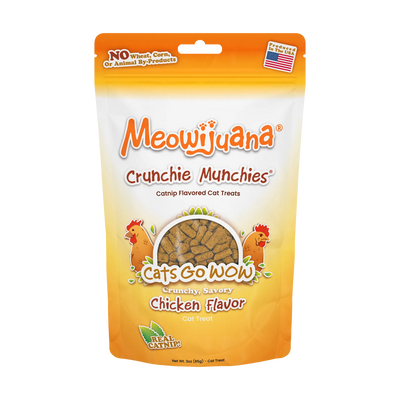 Bag of Meowijuana Crunchie Munchies, Chicken flavor, with real catnip and no wheat, corn, or by-products, produced in the USA.