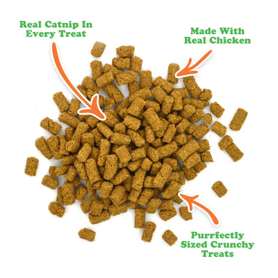 Close-up of Crunchie Munchies treats with labels for real catnip, real chicken, and purrfectly sized crunchy treats.