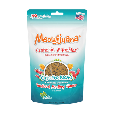 Bag of Meowijuana Crunchie Munchies, Seafood Medley flavor cat treats, made with catnip and no wheat, corn, or by-products.