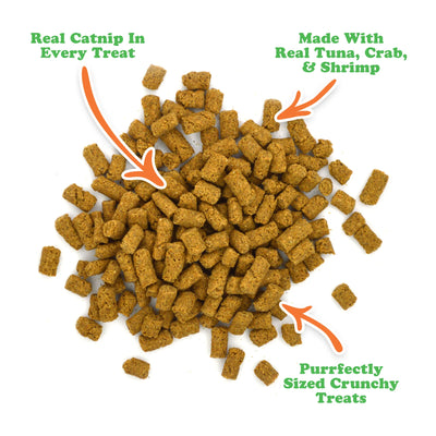 Close-up of Crunchie Munchies treats, labeled with "Real Catnip in Every Treat" and "Made with Real Tuna, Crab, & Shrimp.