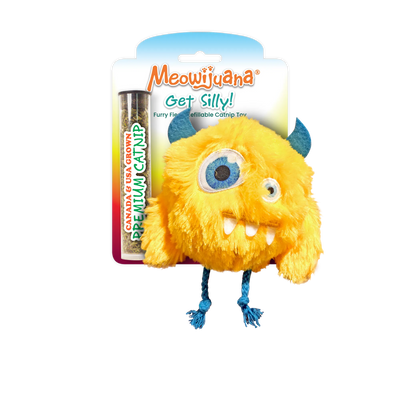 Meowijuana Get Silly yellow furry fiend catnip toy with refillable catnip tube and interactive features.