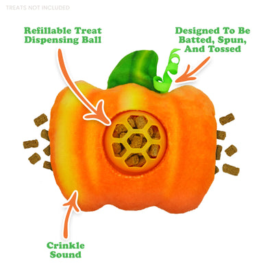 Pumpkin-shaped cat treat dispenser toy with crinkle sound, designed to be batted and spun.