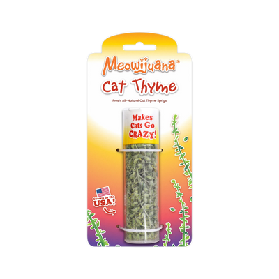 Packaged cat thyme sprigs in a container with label.